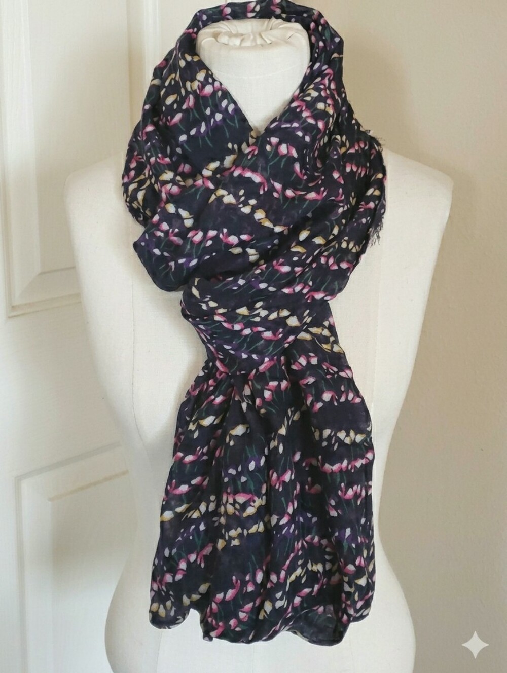 Navy Mini Floral Lightweight Infinity Scarf with Fringe Pink Purple Yellow